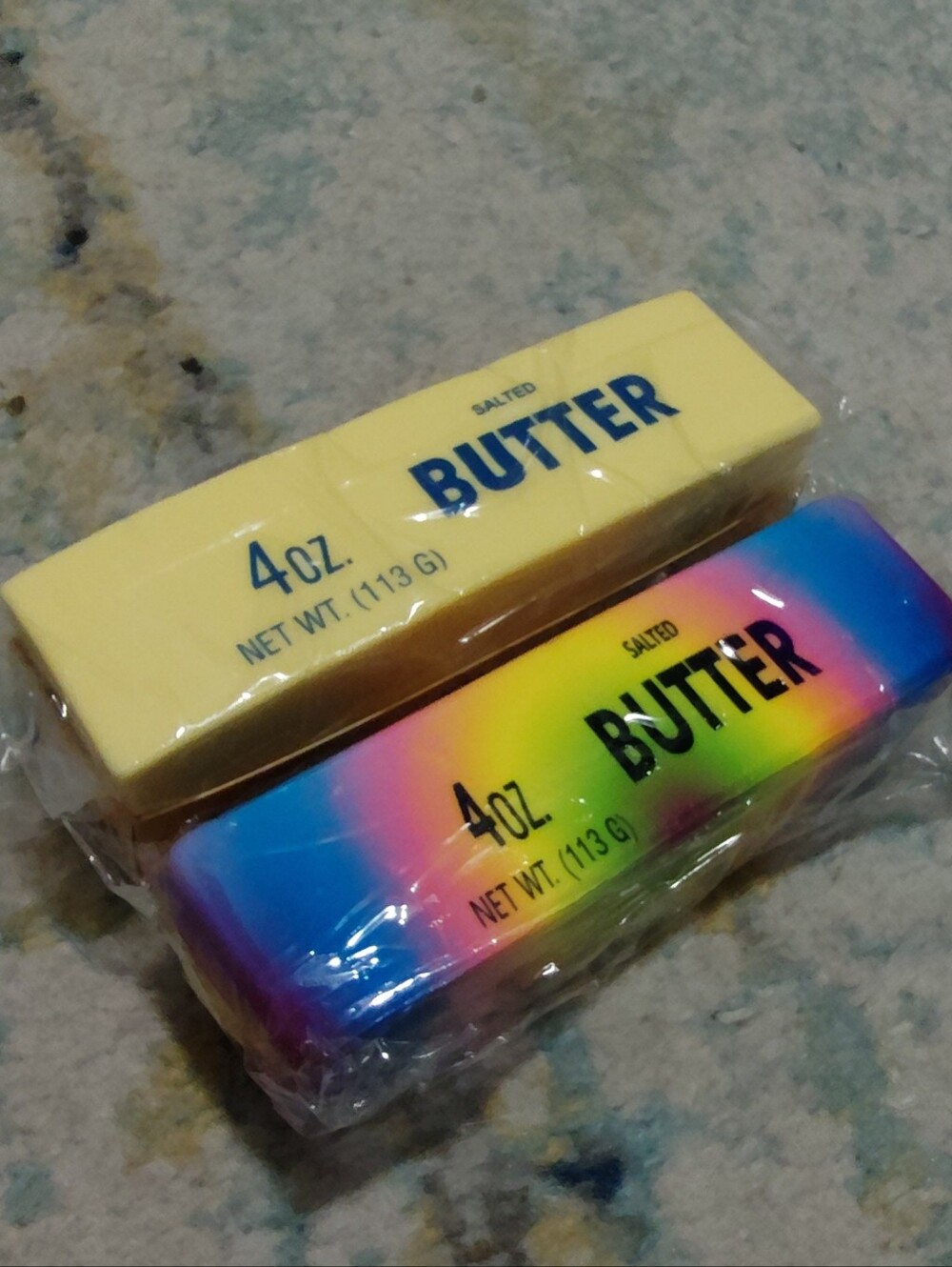 2 New Squishy Butter Sticks - Yellow and Rainbow